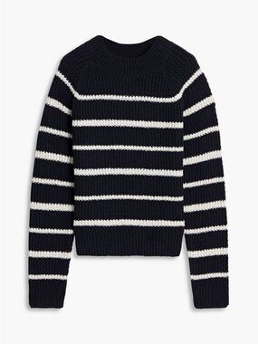 Vince Navy and White Striped Ribbed Crewneck Sweater